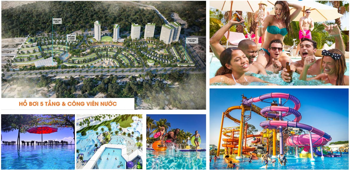 Tiện ích công viên bể bơi ngoài trời 5 tầng dự án căn hộ biệt thự condotel Mũi Né Summer Land Phan Thiết